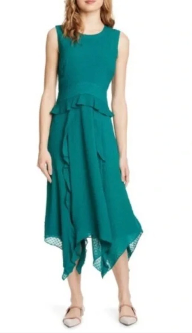 Club Monaco Green Sleeveless Swiss Dot Ruffle Asymmetric Midi A Line Dress Sz 2